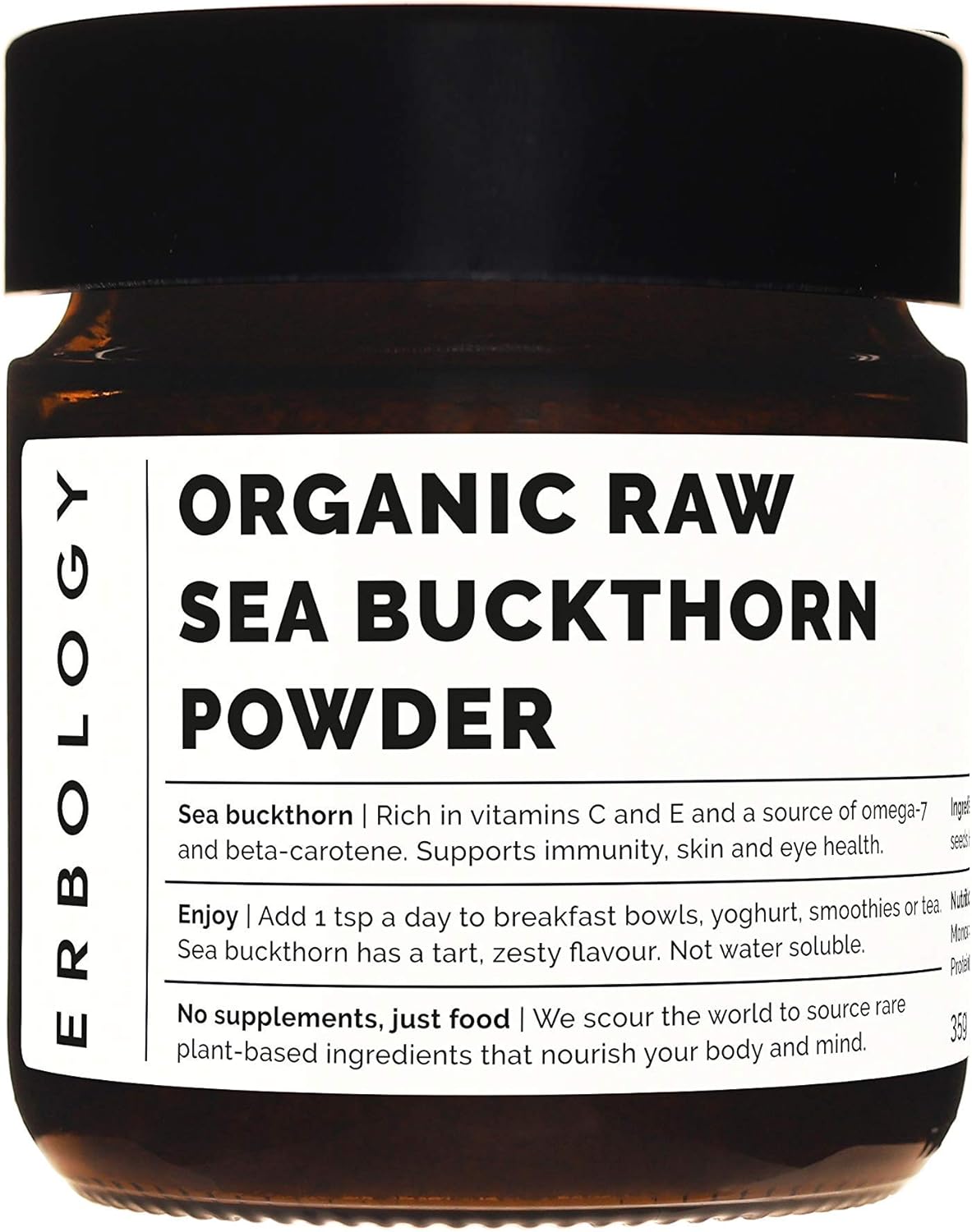 Erbology Organic Sea Buckthorn Powder 50g, 50 Servings, Skin Health and Immunity Support, Rich in Omega-7 (6.5%)