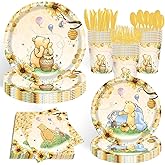 WISSLERMER 140pcs Classic Bear Baby Shower Decorations Baby Shower Party Tableware with Plates, Napkin, Forks, Cups for Birthday Party Supplies Set Serves 20 Guests (Yellow)