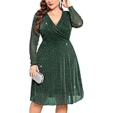 CYCLAMEN Plus Size Glitter Dress Sparkly Mesh Long Sleeve Wrap V Neck A Line for Homecoming Wedding Guest