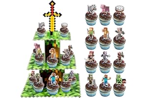 Pixel Cupcake Stand with 24 Pcs Cupcake Toppers, 3-Tier Dessert and Cupcake Holder for Gamer Birthday Party Supplies, Pixel T