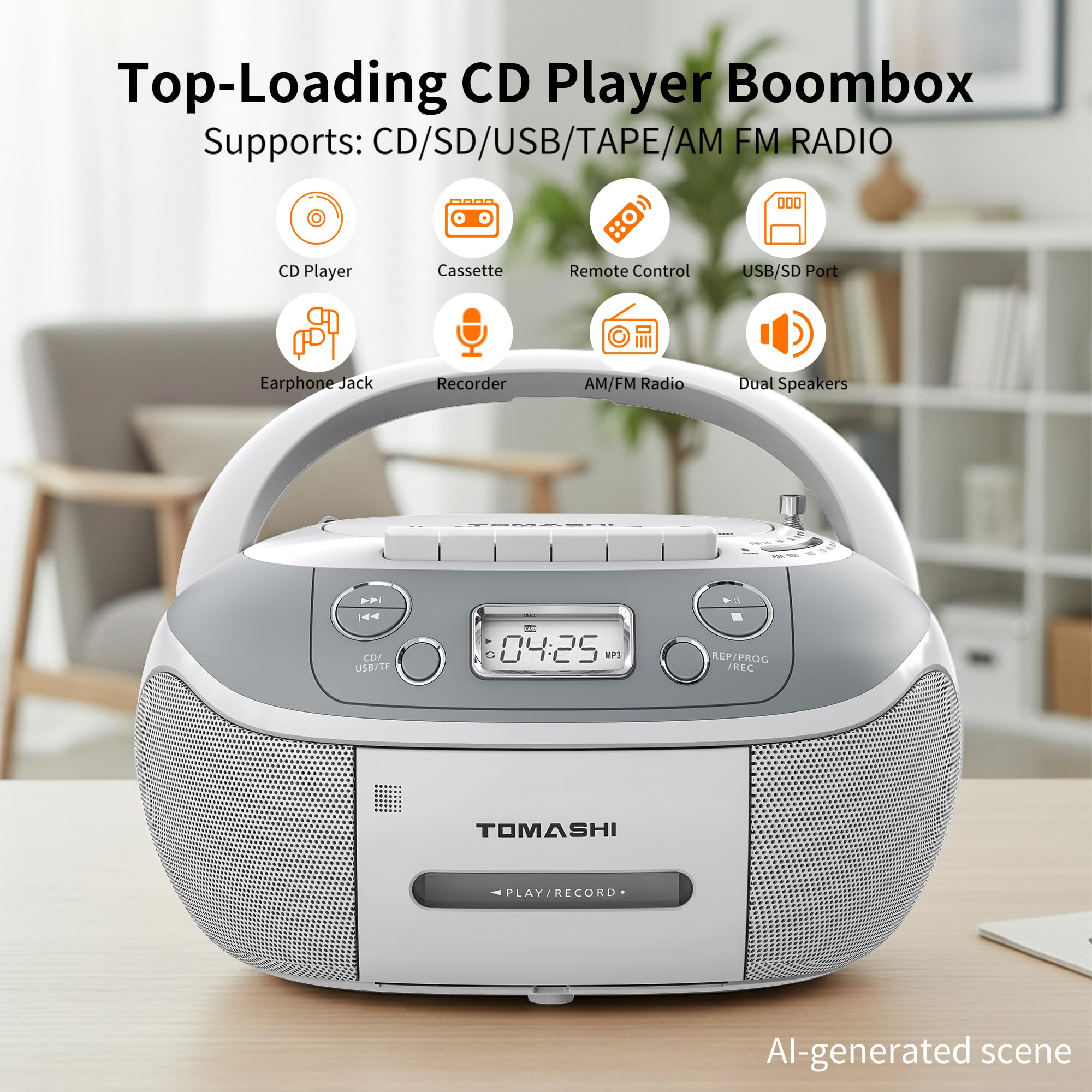 Condition photo showing New/Like New for tomashi portable cd player boombox with cassette player - am fm radio,tape/cd recording, usb/sd inpu