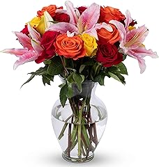 Benchmark Bouquets - Big Blooms Oriental Lilies & Roses (Glass Vase Included) - Fresh Flowers for Delivery - Gift for Graduat