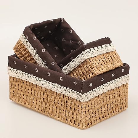 Amazon 収納かご 浅型 収納バスケット 小物 書類 籐手作り 収納バスケット オフィス 寝室 車 収納ボックス スタイル 手編み M 1 小物収納 小物入れ 重なるラタン長方形バスケット 多用途 大容量 長方形 日用品 インナー付き 収納ボックス かご バスケット オンライン通販