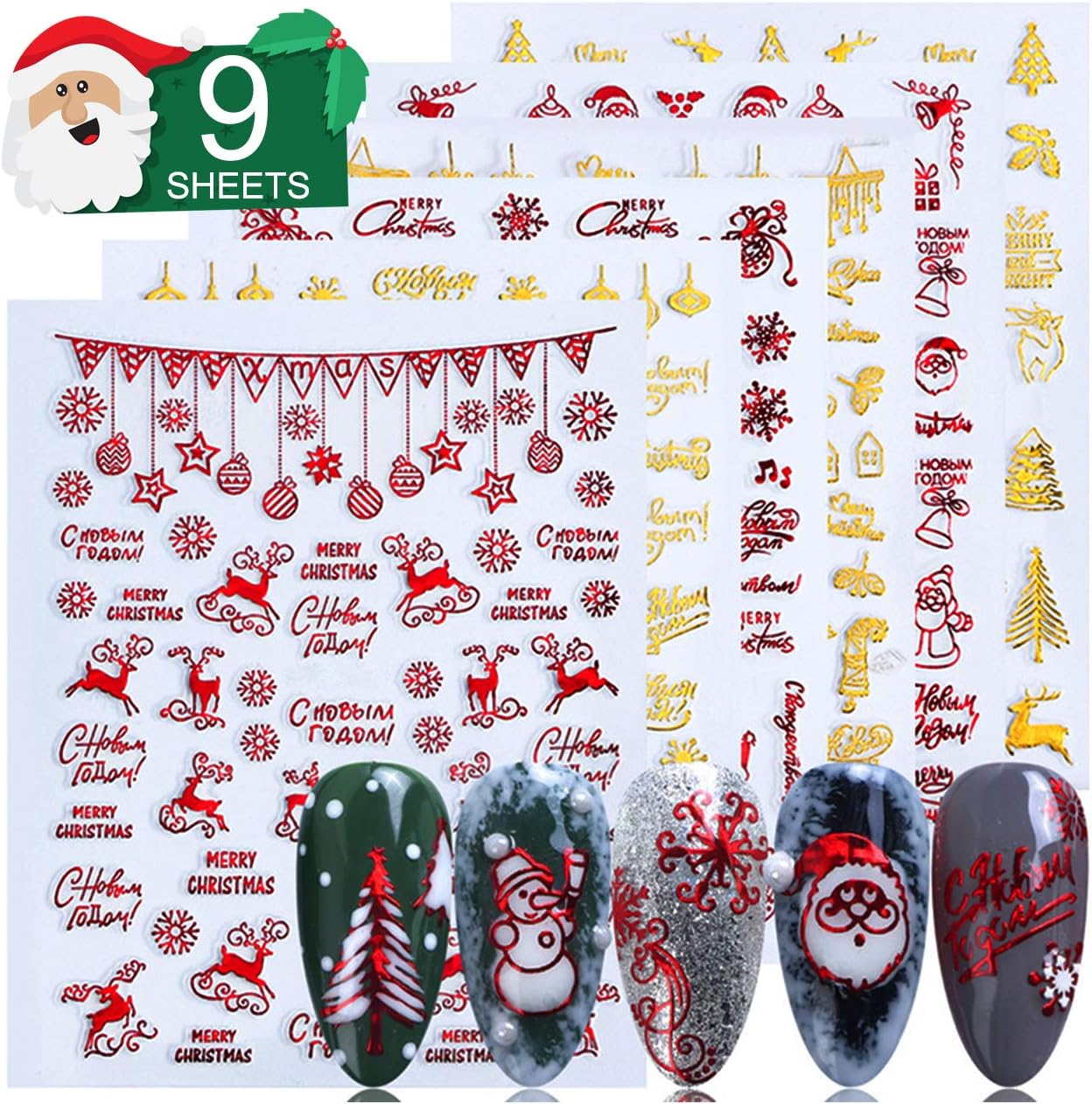 TailaiMei12 Sheets Christmas Metallic Nail Art Stickers, Glittering Self-Adhesive Xmas Tree Santa Snowman Snowflake Decals for Women Girls Kids Manicure DIY or Nail Salon (Metallic Red/Gold)