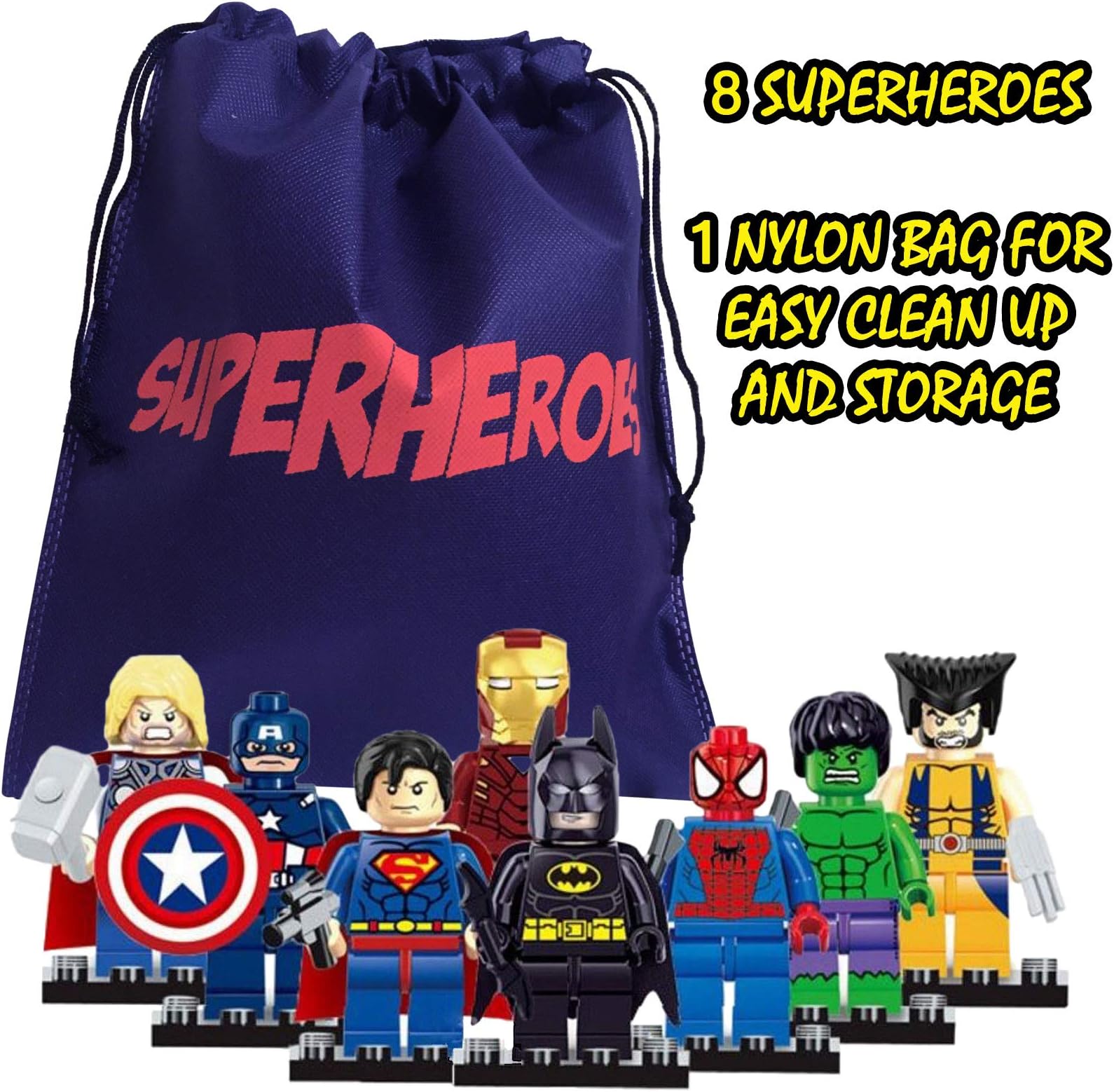 fat cat sales Superhero Mini Building Block Action Figures 8 PCS with A Bag for Quick Clean UP - Building Blocks are Interlocking & Fun to Assemble - Interchange The Pieces for New Looks