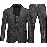 Lamgool Boys Suit 3 Pieces Slim Fit Tuxedo Formal Set with Floral Jacquard Jacket Pant Vest for Wedding Prom Party Size 4-16Y