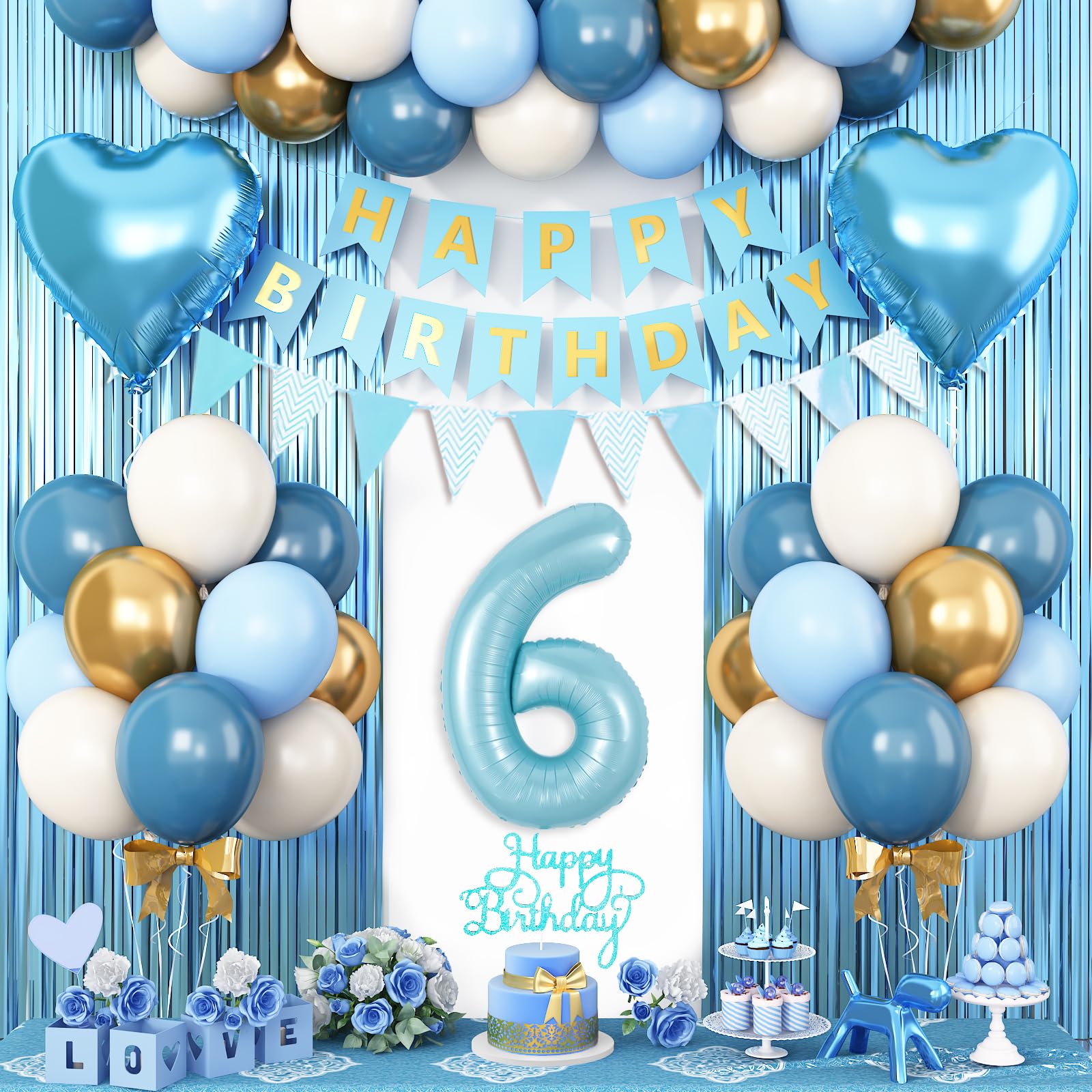 Photo 1 of Adorely 6th Birthday Decorations Blue White Gold, 25pcs Balloons, Banner, Fringe Curtain, Cake Topper, Heart Balloons for Boys Girls 6 Year Old Birthday