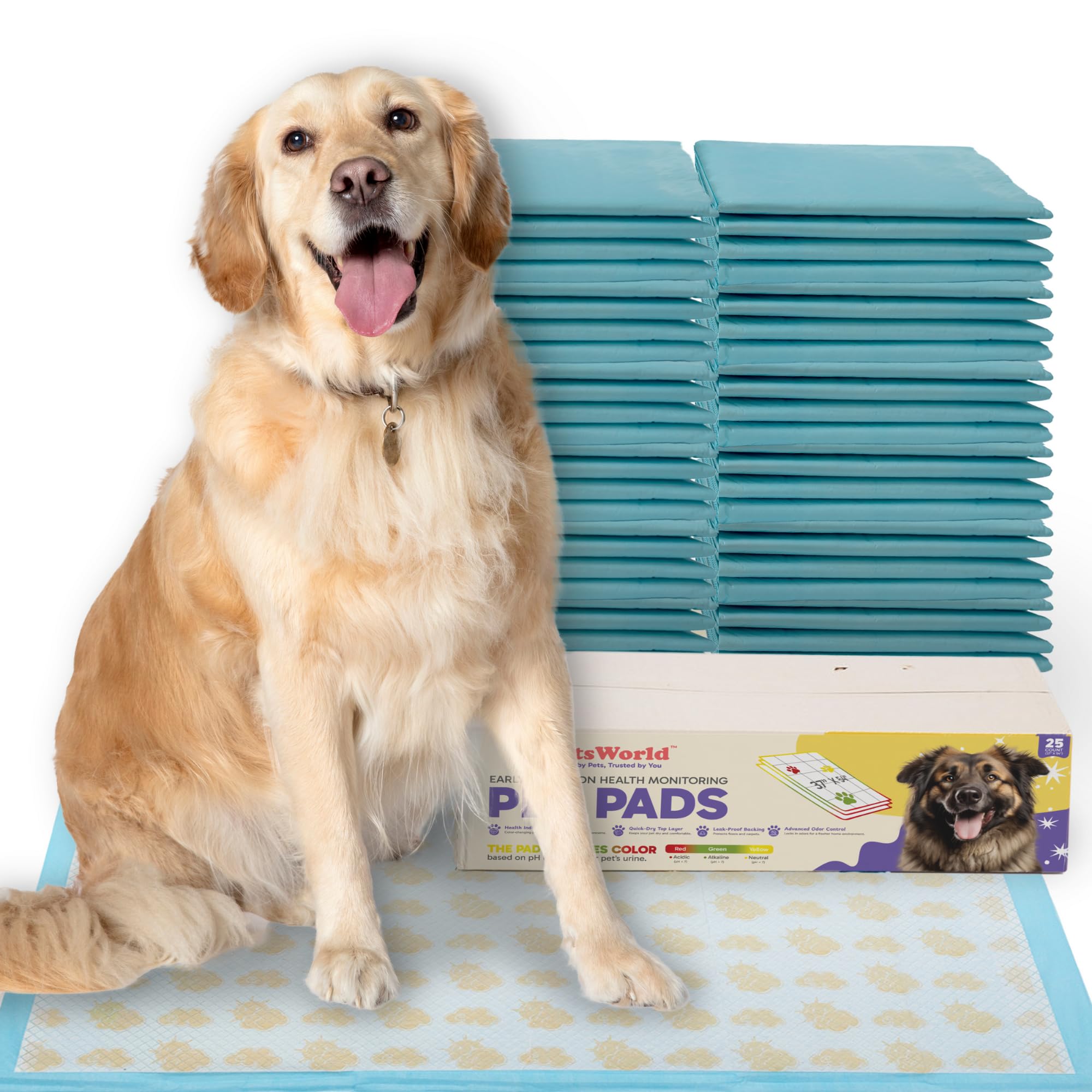 Photo 1 of PETSWORLD Health Monitoring Dog Pee Pads – 37x54 Inch, 25 Count 3XL Color-Changing Potty Pads | Detects Health Issues | Leak-Proof, Ultra Absorbent, Odor Control