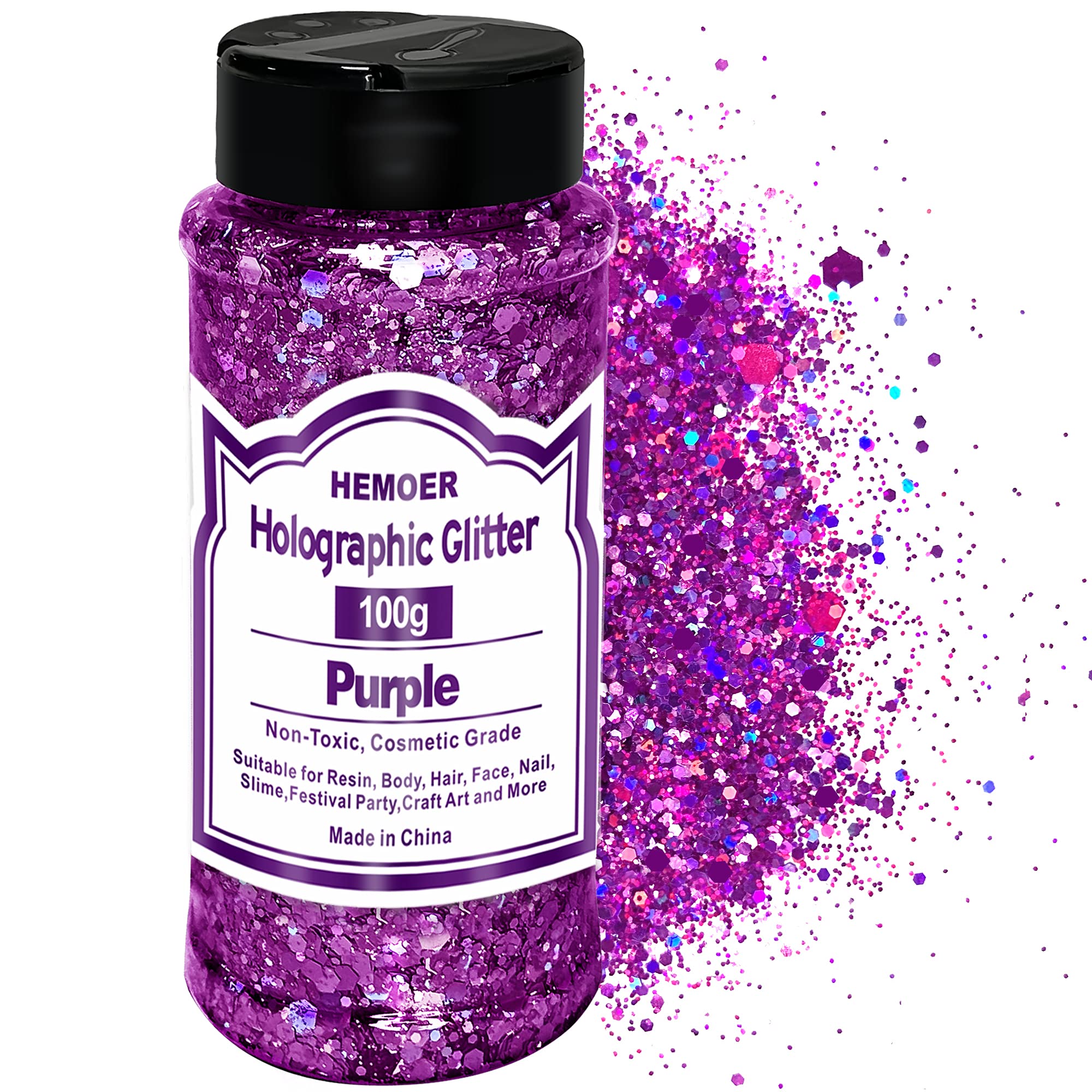 HEMOER Purple Glitter, 100g/3.5oz Holographic Chunky Glitter Mixed Hexagon Chunky & Fine Flakes Iridescent Sequins for Epoxy Crafts, Resin, Nail Body, Tumblers, Festival Party