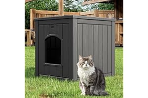 LHBcraft Cat Outdoor House Weatherproof, Insulated Cat Houses for Outdoor Cats, Feral Cat House Shelter, Resin Insulated Material, Easy to Clean and Install, Black