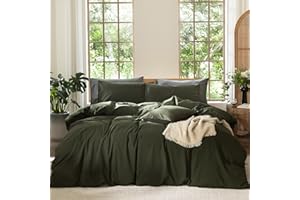 MooMee Bedding Duvet Cover Set 100% Washed Cotton Linen Like Textured Breathable Durable Soft Comfy (Olive Green, Queen)
