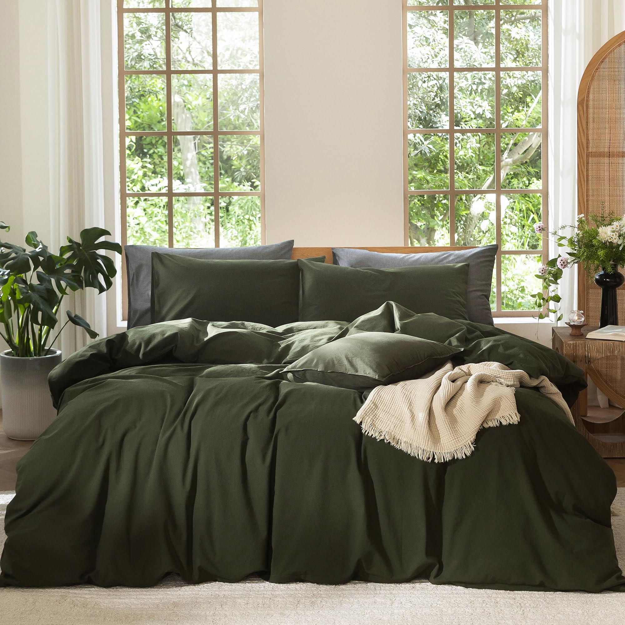 Photo 1 of MooMee Bedding Duvet Cover Set 100% Washed Cotton Linen Like Textured Breathable Durable Soft Comfy (Solid Olive Green, Cal King 104"x98")