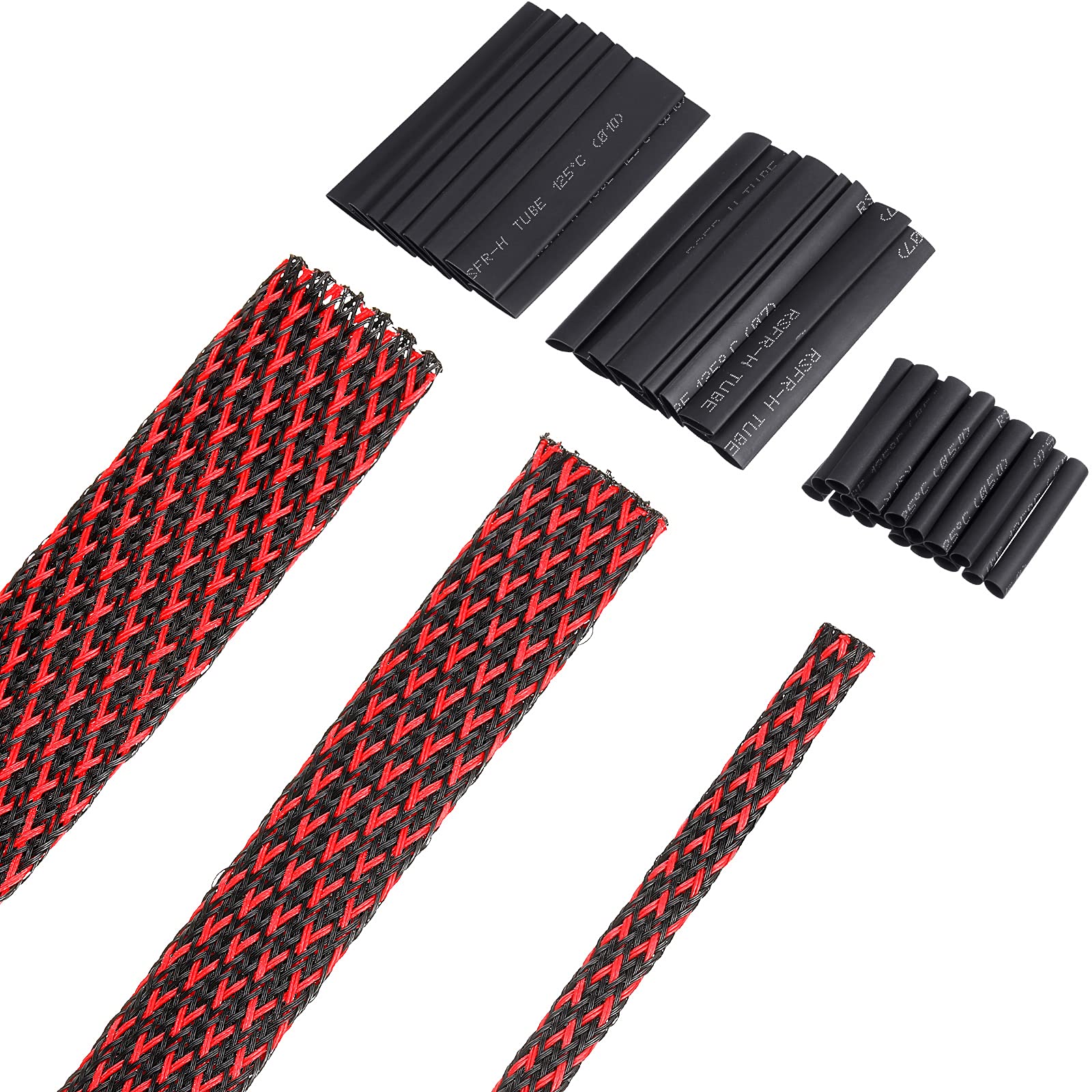 Boao 50 ft Expandable Braided Cable Sleeve, PET Wire Braid Sleeving with Shrink Tube for Audio Video and Other Home Device Cable, Automotive Wire (1 Inch, 1/4 Inch, 3/4 Inch, Red)