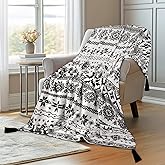 MACEVIA Flannel Boho Blanket for Couch, Country Western Aztec Printed Throw with Tassel, Soft Cozy Bohemian Blanket for Home Decor (Black and White, 50x60inches)