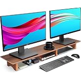 Aothia 43 inch Black Walnut Finish Dual Monitor Stand for Desk, Cork Legs | Dual Monitor Riser With Storage Below; FSC-Certified Wood And Cork Legs Support Up To 50 lb.