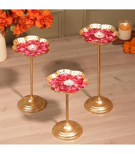 R Ayurveda Copper Diya - Portavelas de metal decorativo tradicional Diya Urli, cuenco dorado para flores flotantes para el hogar, oficina, decoración de boda, tamaño 10 pulgadas con caja de regalo