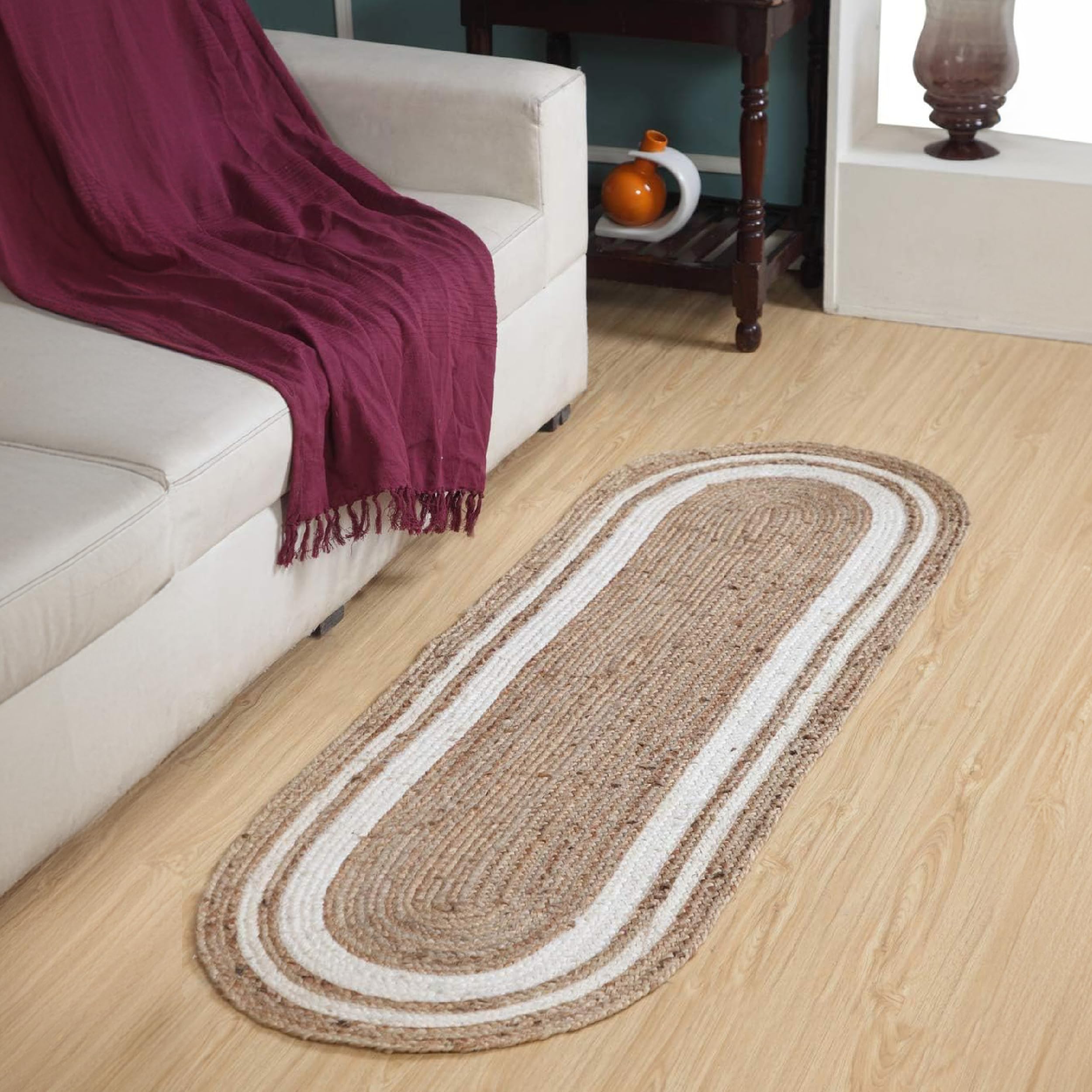 Second Nature Online KHIDAKEE Jute Oval Rug/Runner | Ethically Sourced | Eco-Friendly | Handwoven | Natural Fiber with White Stripe Design | Medium Size (60x180 cm)