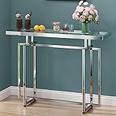 ASYA Glass Console Table for Entryway, Modern Entryway Table with Tempered Glass & Chrome Frame, Silver Sofa Table for Living
