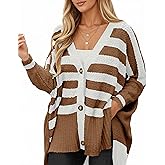 Saodimallsu Womens Oversized Striped Cardigan Sweaters V Neck Fuzzy Knit Button Up Side Slit Fall Sweater Coats