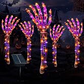 Solar Halloween Decorations,5 Pack Skeleton Hands Halloween Pathway Lights - Waterproof LED Stakes with 250 Purple &amp;Orange Lights, 8 Modes - Scary Outdoor Yard Solar Powered Haunted Decorations