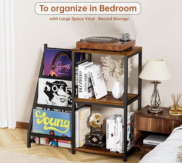 Y&M 3-TIER RECORD PLAYER STAND WITH VINYL RECORD STORAGE HOLDS UP TO 200 ALBUMS, TURNTABLE STAND WITH ALBUM STORAGE, RECORD SHELF DISPLAY TABLE FOR CD, END TABLE FOR HOME DECOR BEDROOM LIVING ROOM