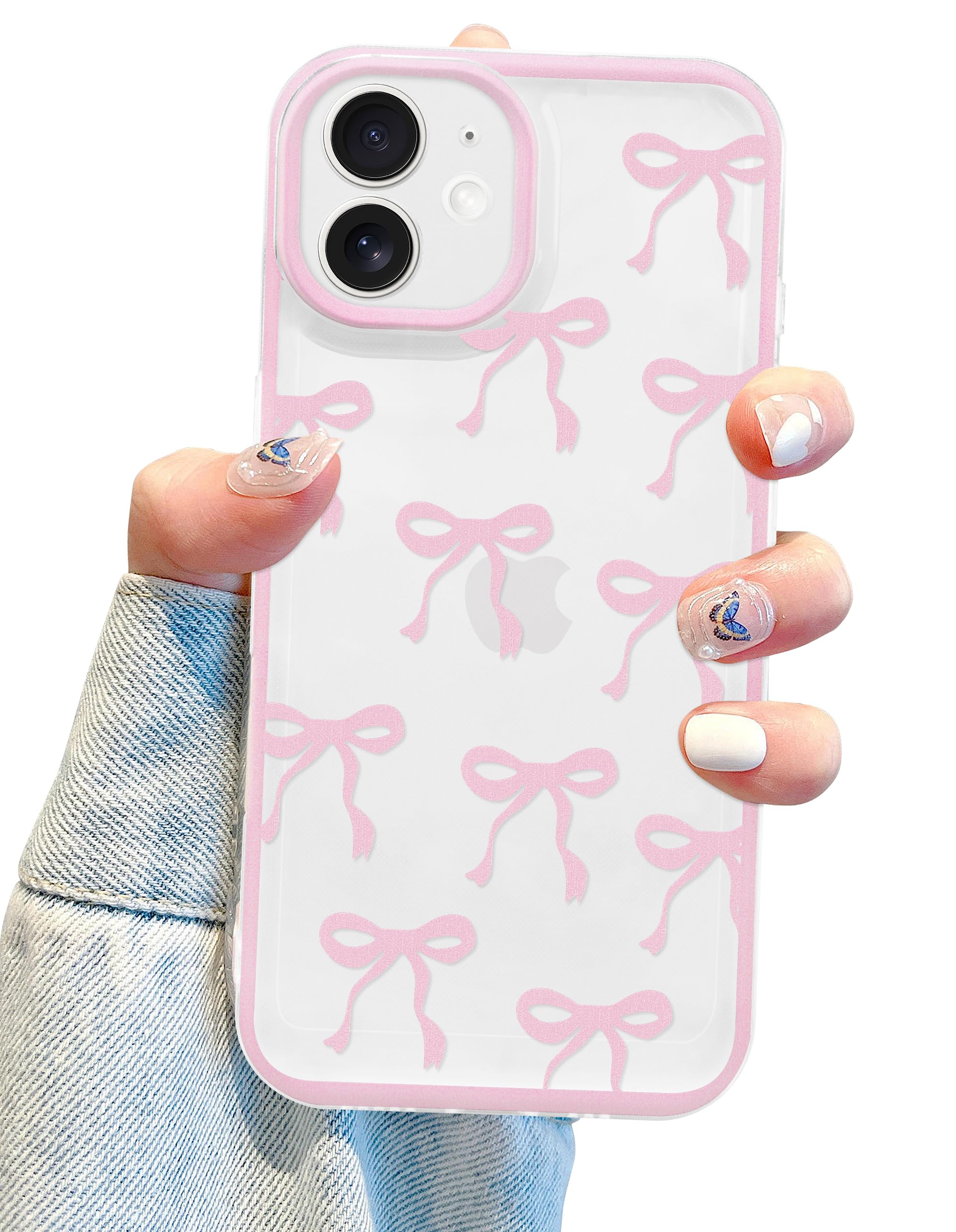 Photo 1 of Jusy Compatible with iPhone 12 Mini Phone Case, Cute Clear Ribbon Bowknot Pattern Aesthetic Soft TPU Transparent Cases Protective Phone Cover for Women Girly - Pink