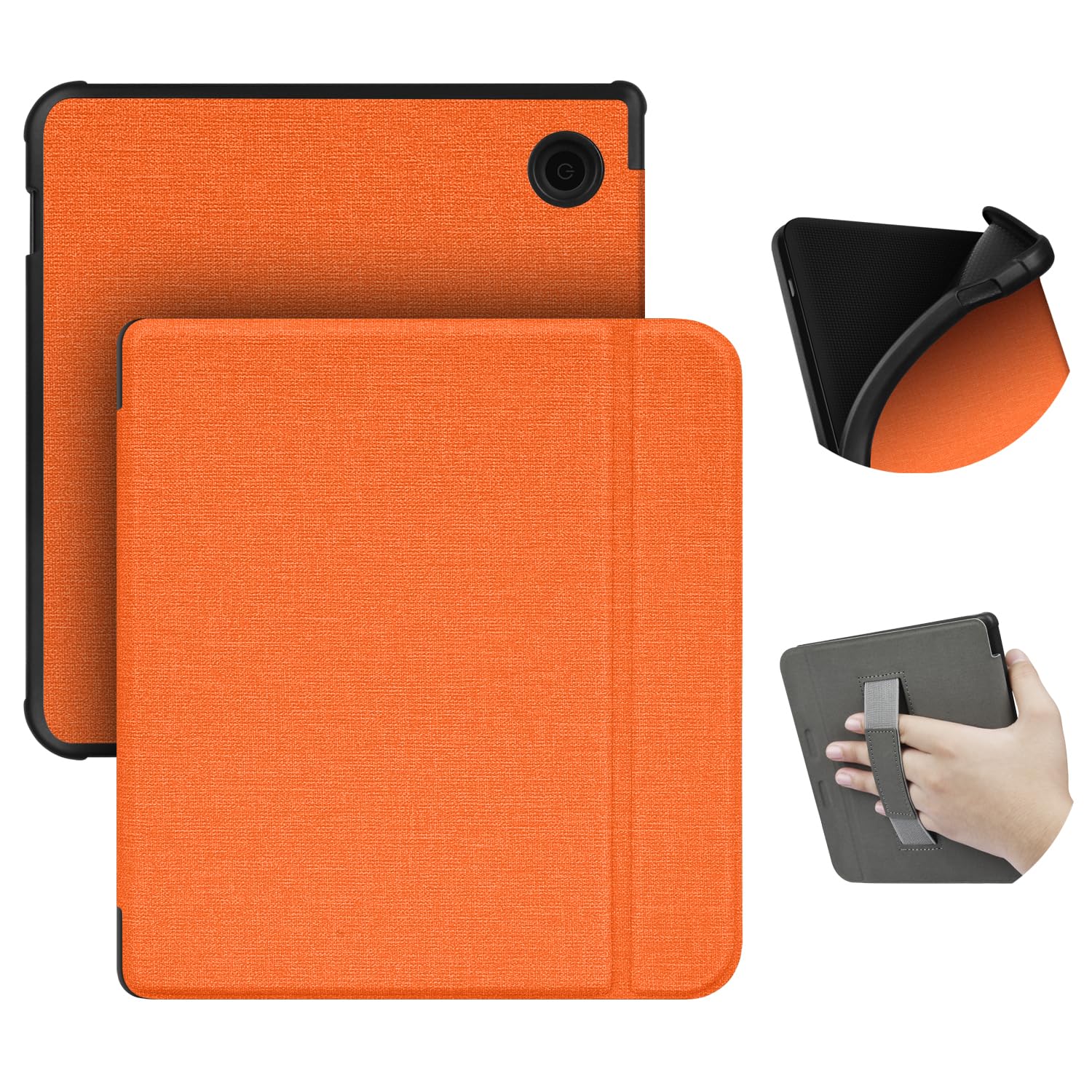 ERUNTO Case for 7-Inch Kobo Libra color(2024 Release)/Libra 2/Tolino vision 6, TPU Cover with Cloth Texture and Hand Belt on The Back, Magnetic Shell Cover with Smart Wake-up/Sleep Function(Orange)