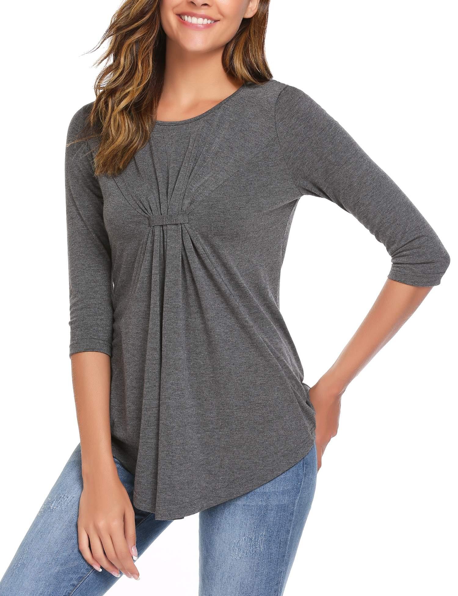 Women Shirring Drape Front Blouse Vogue Scoop Neck Wide Hem Design Top Shirt Grey/L