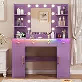 HUANLEGO Vanity Desk with Mirror and Lights, Makeup Vanity with Mirror and LED Lights &amp; Power Outlet, 3 Drawers and Cabinets, 3 Lighting Modes Dressing Table Set for Girls Women Bedroom,Purple