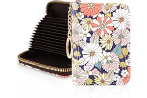 OPPSVIUST Credit Card Holder RFID Wallet, Slim Card Wallet for Women, Credit Card Keychain Wallet Organizer, Small Leather Card Holder Wallet with Zipper (Daisy)