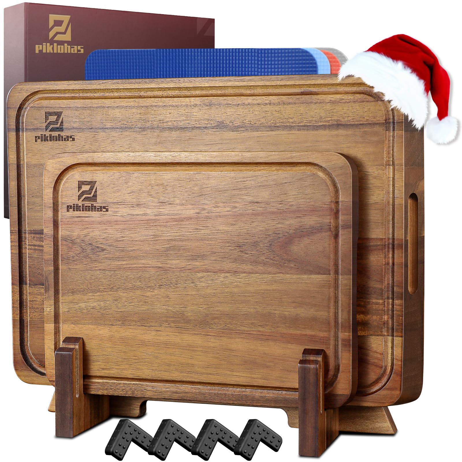 Piklohas Large Wooden Chopping Board Set For Kitchen, Acacia Wood Cutting Boards, Non Slip Feet,4 Plastic Mats, Ideal for Carving Meat Cutting Vegetables Cheeses and Bread With Juice Groove and Holder