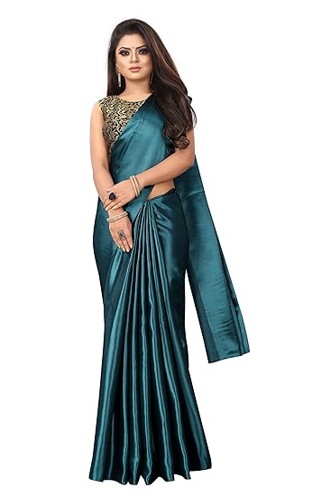 satin plain saree with designer blouse