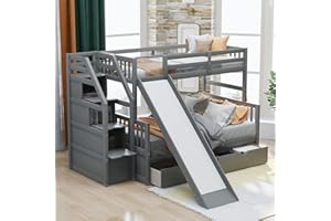 BIADNBZ Multifunction Twin Over Full Bunk Bed with Storage Staircase/Two Drawers/Slide/High Guardrail, Solid Wood Bunkbed Furniture for Kids/Teens Bedroom, No Box Spring Needed, Gray