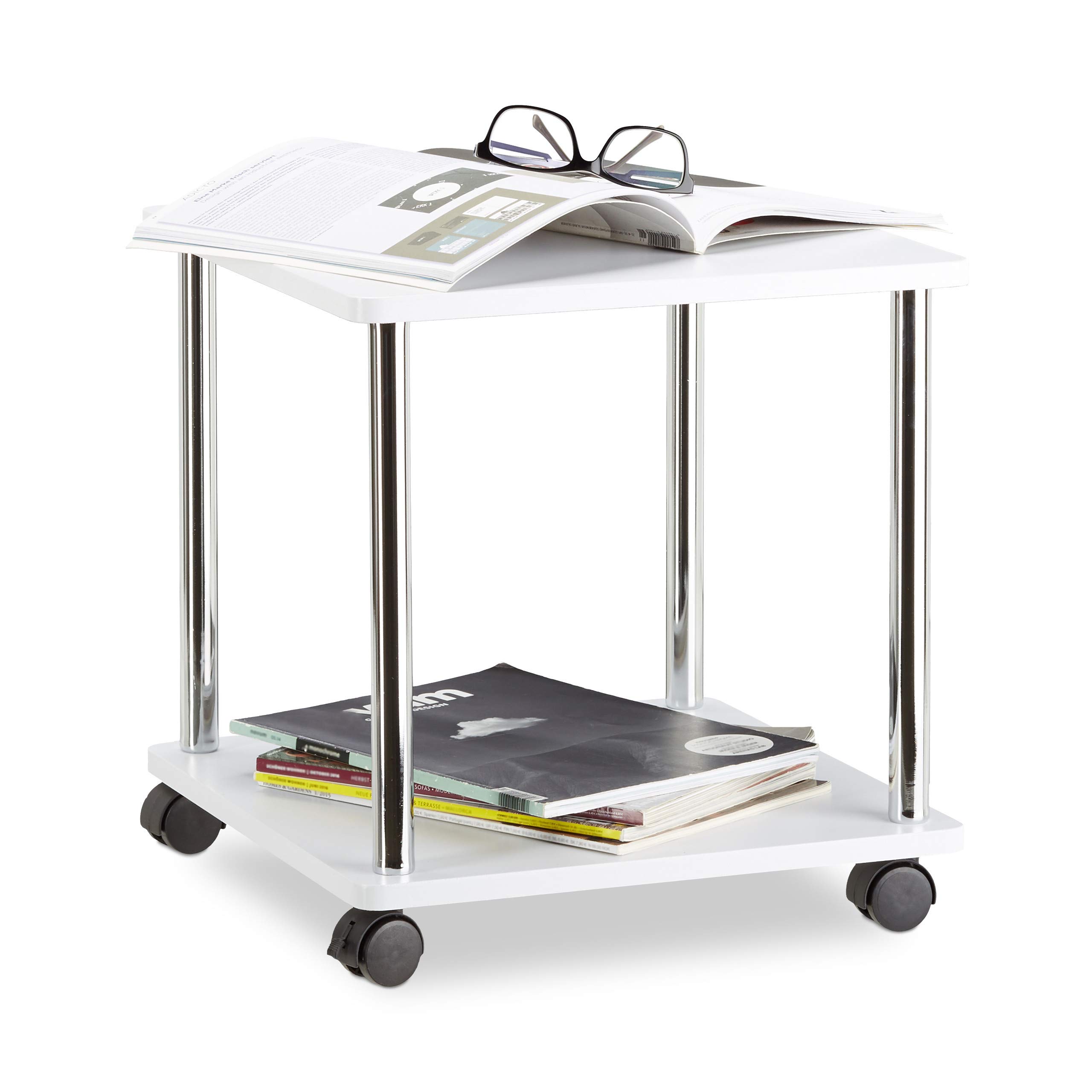 Relaxdays Wooden Side Table, Multipurpose Cart on 4 Castors, Small Coffee Table & Kitchen Trolley, Square, HWD: 41.5 x 40 x 40 cm, White