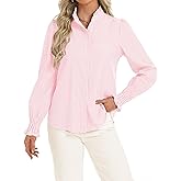 Funlingo Women's Striped Button Down Shirts Long Sleeve Smocked Cuffed Ruffle Collar Blouses Spring Work Business Casual Tops