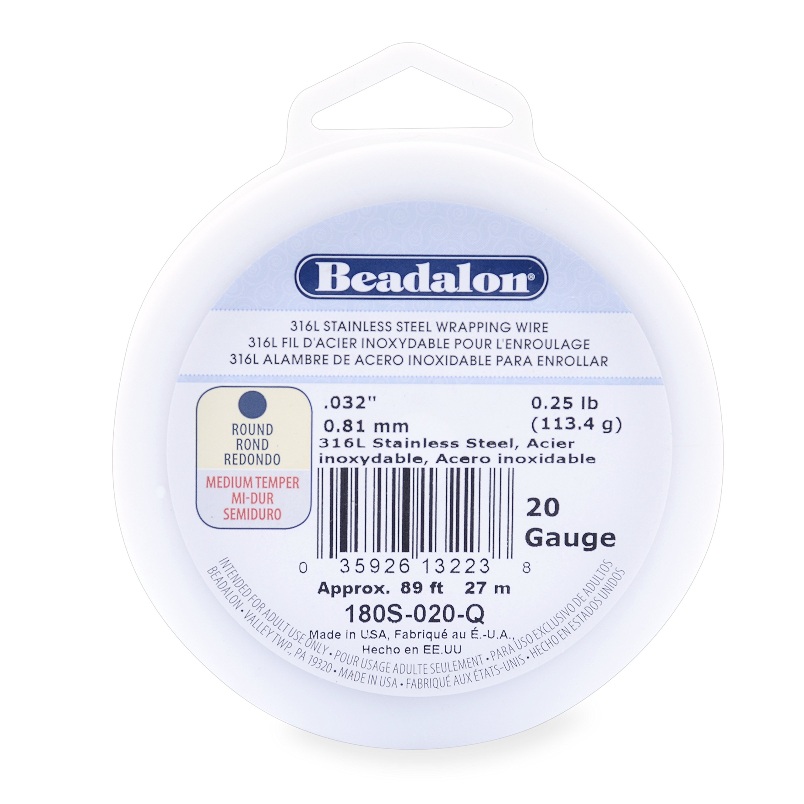 Beadalon 316L Stainless steel Wrapping Wire, Round, 20 Gauge, Round, 89 feet, 1/4 Pound