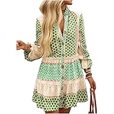 SOLY HUX Women's Summer Printed Smocked Dresses Button Down Long Sleeve Flowy Vacation Mini Dress