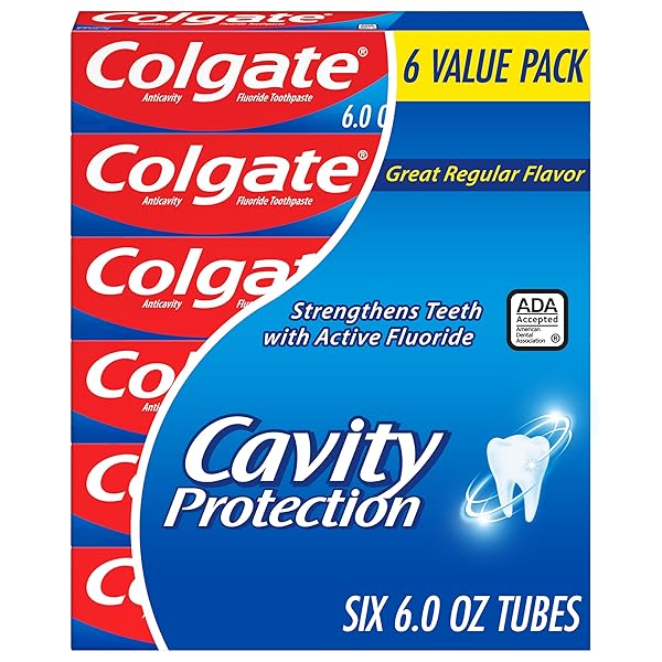 COLGATE CAVITY PROTECTION TOOTHPASTE WITH FLUORIDE, MINTY GREAT REGULAR FLAVOR, ANTI CAVITY TOOTHPASTE, 6 PACK, 6 OZ TUBES
