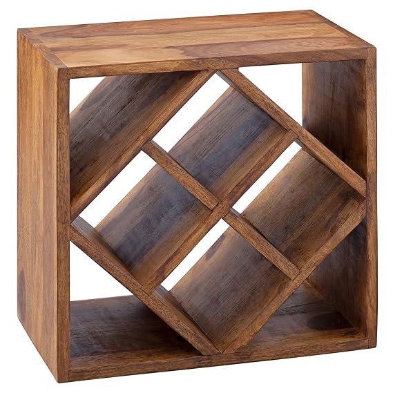 FineBuy Weinregal FB50958 Sheesham Massivholz 40 x 40 x 25 cm Holzregal 8 Flaschen | Kleines Flaschenregal Standregal schmal 