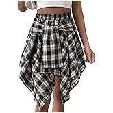 SHENHE Women's Plaid Skirt Tie Front Knot High Waist Asymmetrical Flowy Fall Short Skirt