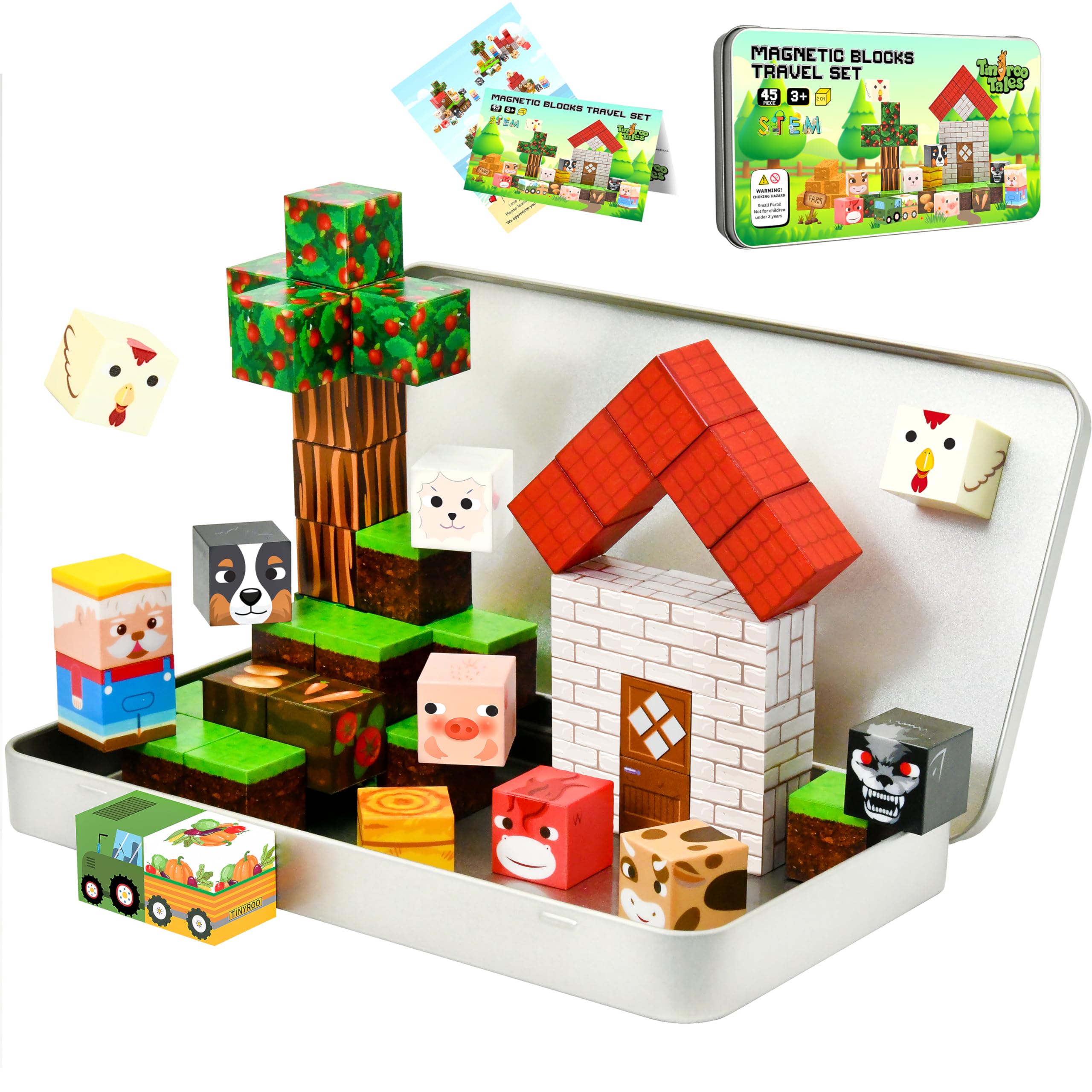 Tinyroo Tales Magnetic Blocks Travel Set 45PC Farm Animals Mini Magnetic Blocks Building Blocks Click Blocks STEM Montessori Sensory Toys for Boys & Girls 3+ Years Best Kids Toys Kids Birthday Gifts