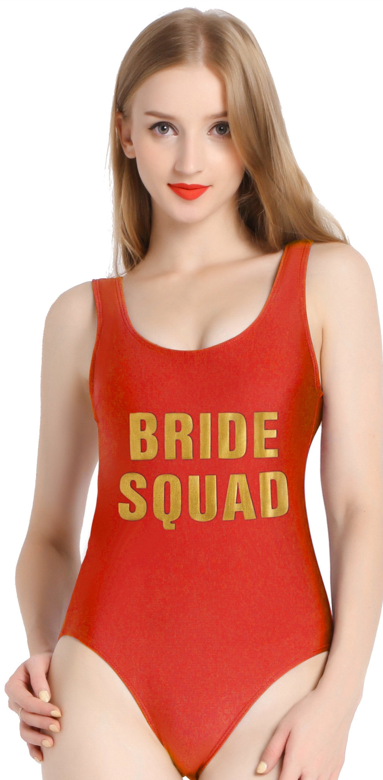 PINJIA Girl\'s Modest High Cut Backless Bathing Suit One Piece(MX12) (XL, Red BRIDE SQUAD)