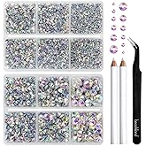 BEADSLAND Hotfix Rhinestones, 6080PCS AB Rhinestones for Clothes Crafts Mixed 6 Sizes with Wax Pencil and Tweezers Kit, SS6-SS30, Crystal AB