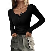 Dazevt Womens Long Sleeve Scoop Neck Tops Slim Fitted Basic Shirts