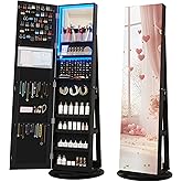 Vlsrka 360° Swivel Mirror Jewelry Cabinet with Lights, Large Jewelry Armoire Cabinet Standing, Lockable Free length Mirror with Storage, Rear Storage Shelves, Black