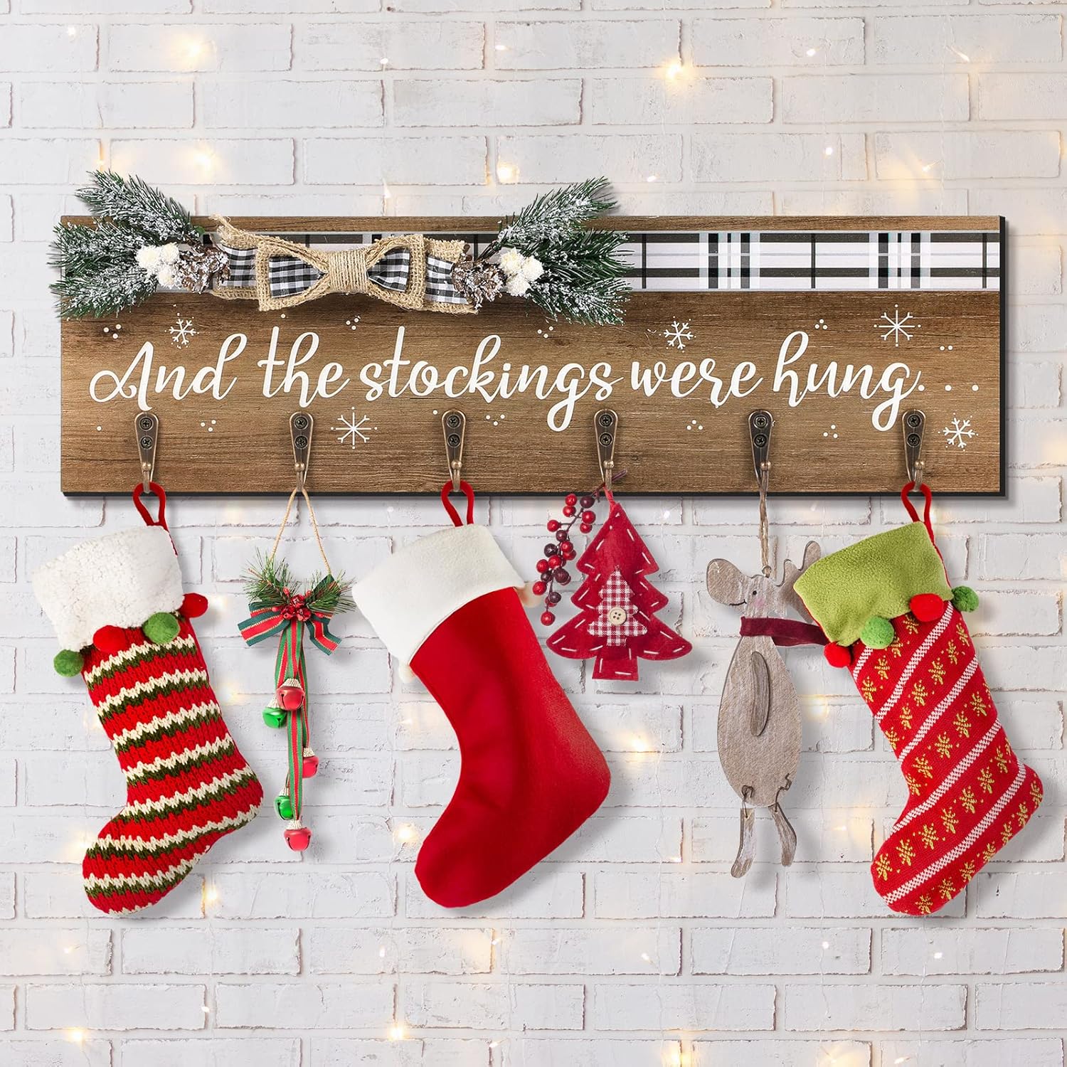 Stockings & Holders - Christmas Stocking Holder with 6 Hangers The Stockings were Hung Wooden Sign Xmas Wall Hanging Sign Wall Mount Hook Holder Decorative Mantel Sign Wood Stocking Hanger for Mantle (Retro Style)