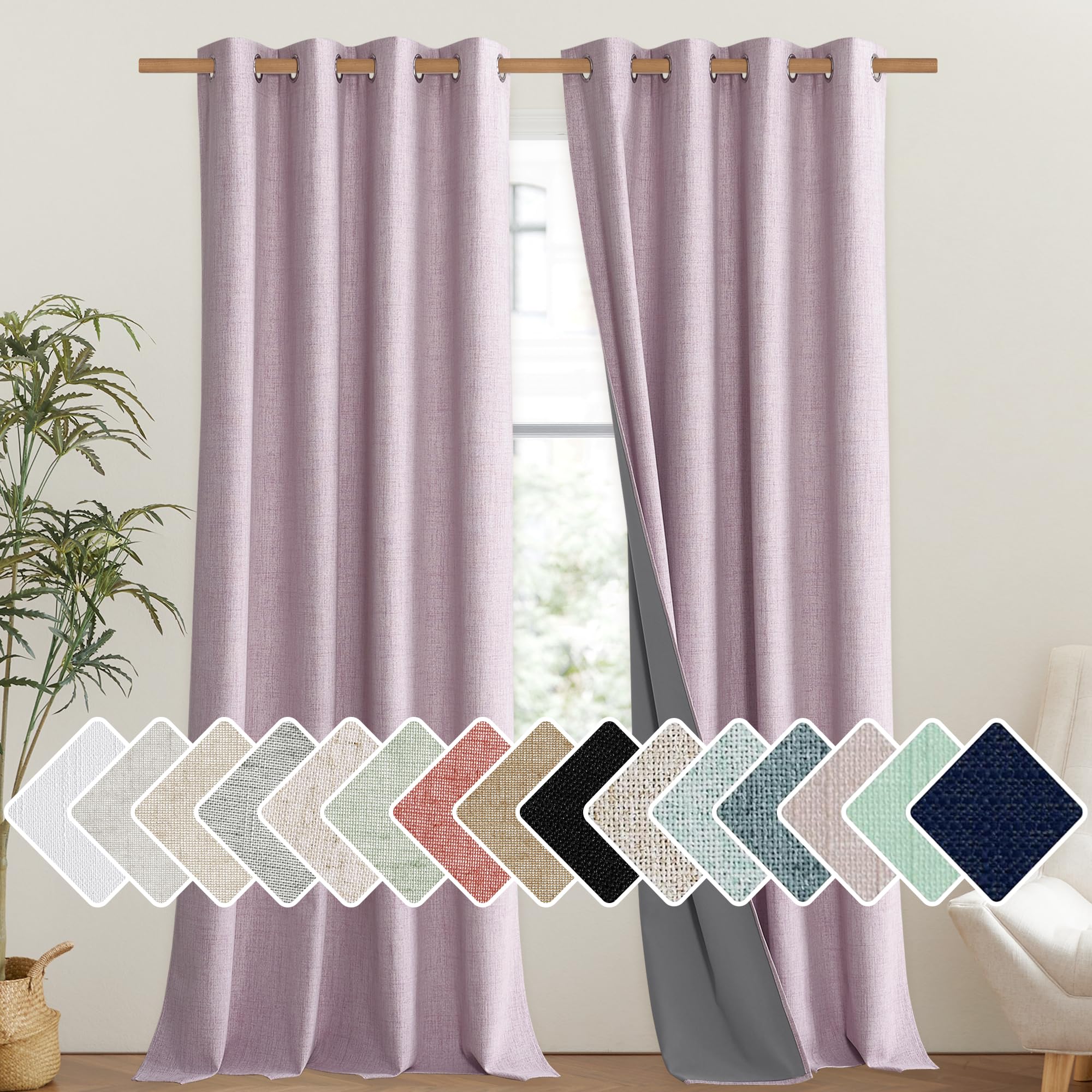 NICETOWN Pink Vintage Linen 100% Blackout Curtains for Living Room, Thermal Insulated Curtains 120" Long, Noise Reducing Window Treatment Drapes for Hall Room, 52" Wide Per Panel, Set of 2 Image