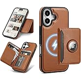 Antsturdy Compatible with MagSafe 2 in 1 Detachable Magnetic iPhone 17 Case Wallet with AirTag Holder,Men Women PU Leather RFID Blocking Credit Card Holder Slots Flip Cover Kickstand,Brown