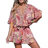 CUPSHE Women's Mini Dress V Neck Floral Half Dolman Sleeve Belted Loose Fit Short Summer Beach Dress