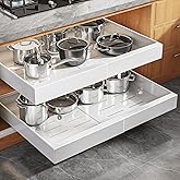 Seinloes 2 Pack Expandable (15.1"-26.3") Pull Out Cabinet Organizer 21" Deep With Raising Pad for Framed Cabinets,Upgrade 3 Slide Rails Slide Out Drawers,No Drill Roll Out Shelves Adhesive,White